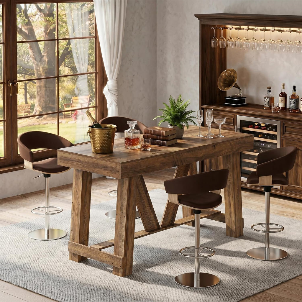 LITTLE TREE Bar Table, 55'' Long Counter Height Pub Table, Farmhouse Wooden Tall Bistro Tabletop, Rectangular Home Coffee Bar Unit for Dining Room, Kitchen, Living Room, Basement, Rustic Brown