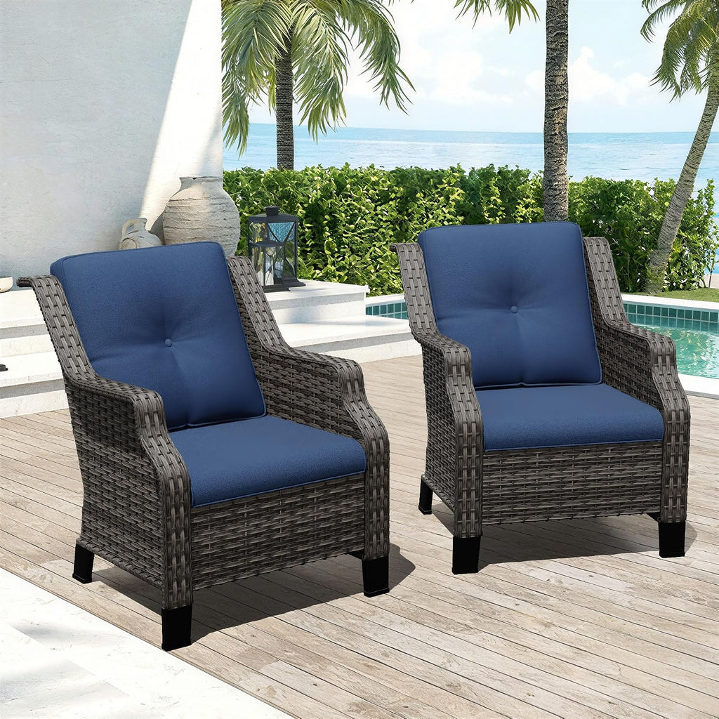 Outdoor Patio Chairs Set of 2, Wicker Patio Furniture with Thick Cushions, Curved Armrest, Deep Seating, Rattan Outdoor Chairs for Porch, Deck, Balcony