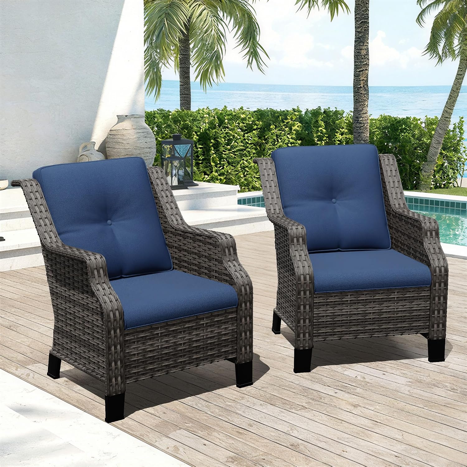 Outdoor Patio Chairs Set of 2, Wicker Patio Furniture with Thick Cushions, Curved Armrest, Deep Seating, Rattan Outdoor Chairs for Porch, Deck, Balcony