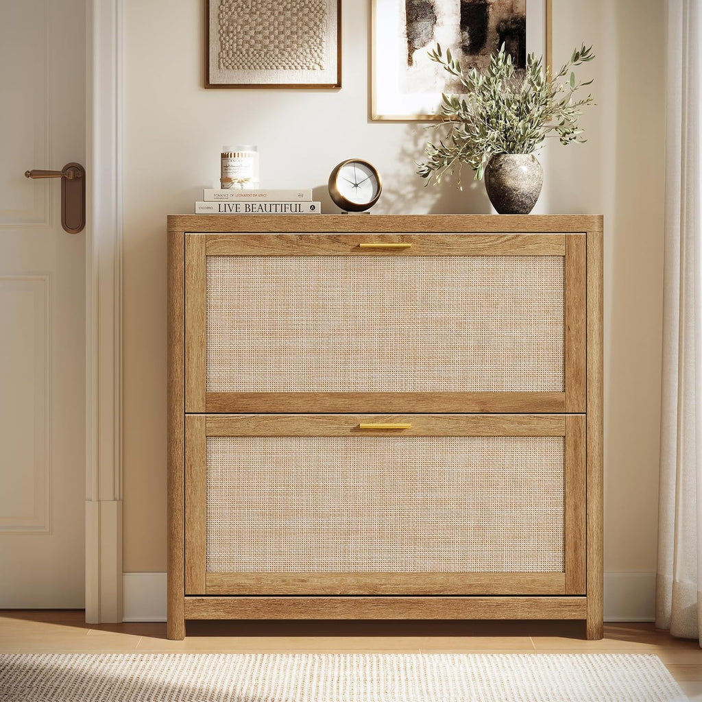 VASAGLE ELLAN Collection - Boho Shoe Storage Cabinet for Entryway Slim, Entry Shoe Cabinet with Rattan-Look Flip Drawers, Rounded Corners, Narrow for Entrance, Natural Brown UHSC601KC01