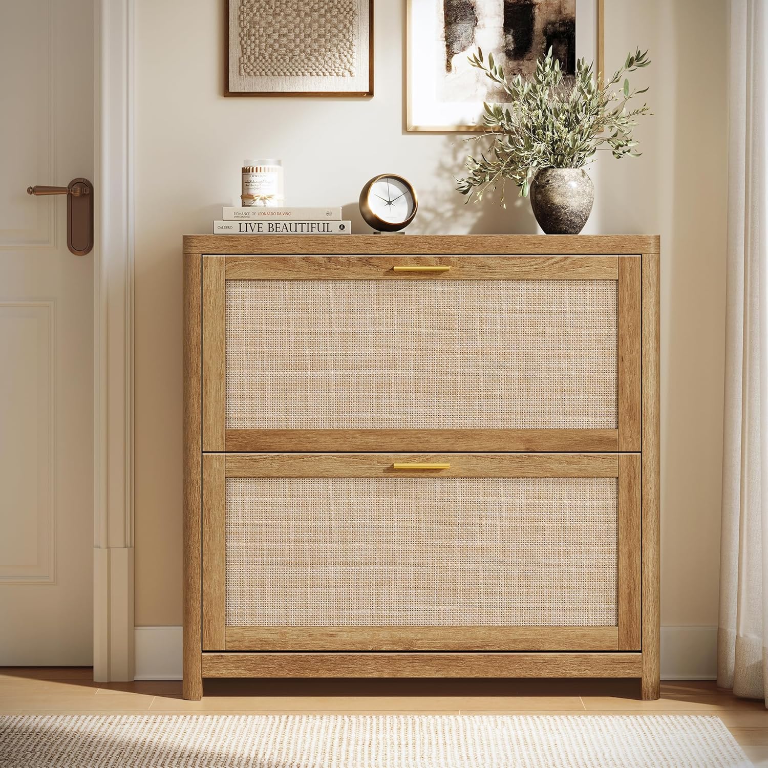 VASAGLE ELLAN Collection - Boho Shoe Storage Cabinet for Entryway Slim, Entry Shoe Cabinet with Rattan-Look Flip Drawers, Rounded Corners, Narrow for Entrance, Natural Brown UHSC601KC01