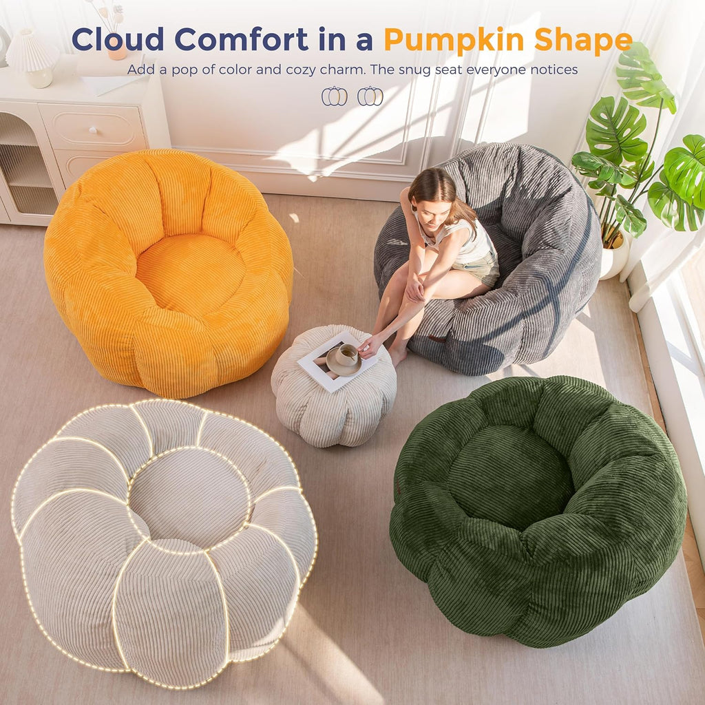 MAXYOYO Giant Bean Bag Chair with Ottoman, Pumpkin-Shaped Bean Bag Sofa with Footstool, Oversized Boneless Couch Chair in a Box, Comfy and Lazy Lounge for Dorm, Living Room, Bedroom, Green