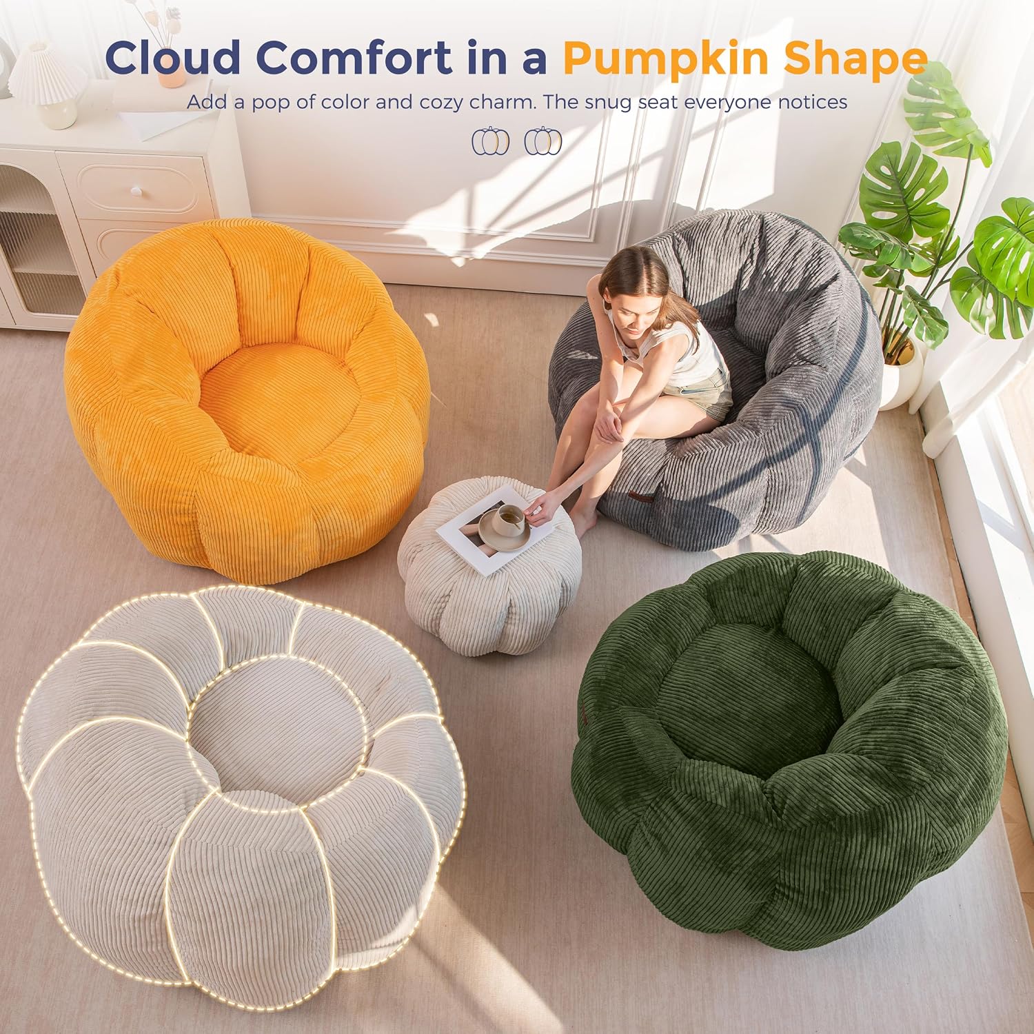 MAXYOYO Bean Bag Chair with Ottoman, Giant Pumpkin Lounge Chair for Adults | Oversized Bean Bag Chair with Footstool, Comfy and Lazy Lounge Boneless Chair for Dorm, Living Room, Bedroom, Beige