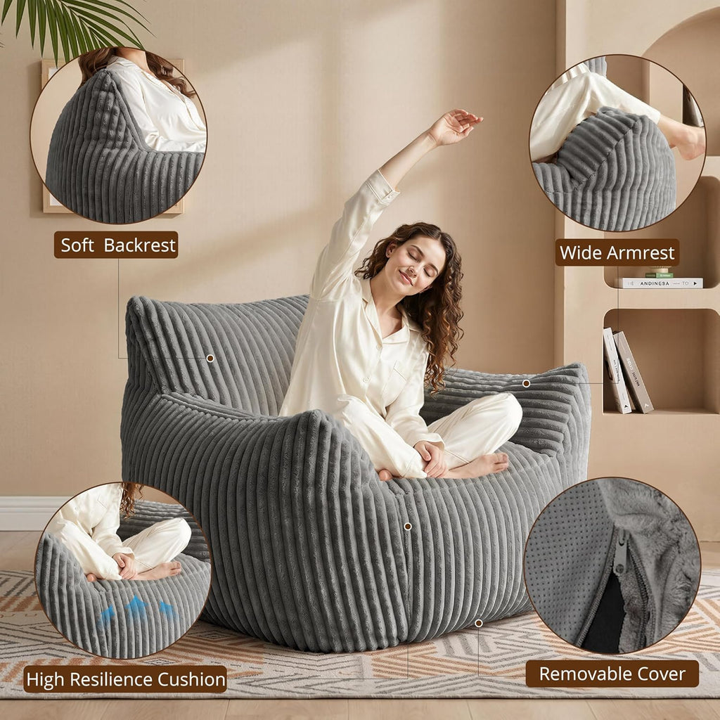 Bean-Bag Chair for Adults Teens - Large Corduroy Bean Bag Chairs with Back Support and Armrests, Adult BeanBag Lazy Sofa with Filler for Living Room, Bedroom, Reading, Grey