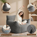 Bean-Bag Chair for Adults Teens - Large Corduroy Bean Bag Chairs with Back Support and Armrests, Adult BeanBag Lazy Sofa with Filler for Living Room, Bedroom, Reading, Grey