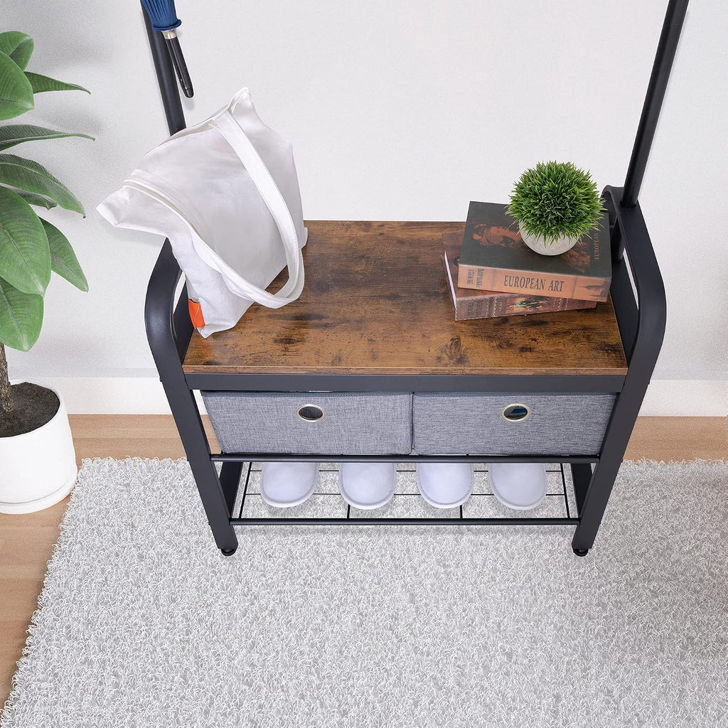 Sunnyglade Vintage Coat Rack 3 in 1 Hall Tree Entryway Organizer Shoe Rack | Entryway Organizer with Shoe Bench, Vintage 3-in-1 Hall Tree Coat Rack, Metal Frame, 5 Hooks, 4 Pockets & 2 Storage Boxes