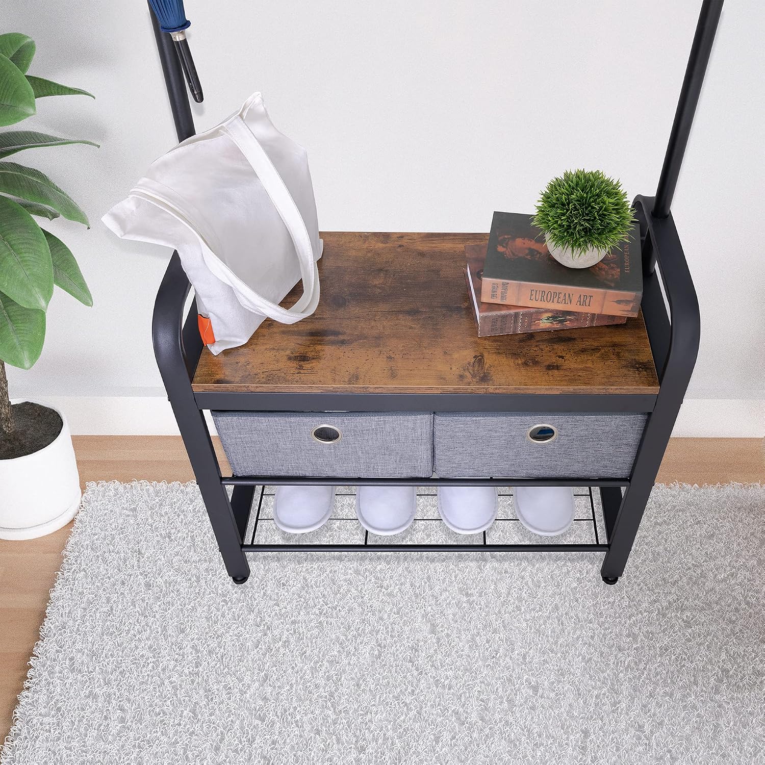 Sunnyglade Vintage Coat Rack 3 in 1 Hall Tree Entryway Organizer Shoe Rack | Entryway Organizer with Shoe Bench, Vintage 3-in-1 Hall Tree Coat Rack, Metal Frame, 5 Hooks, 4 Pockets & 2 Storage Boxes