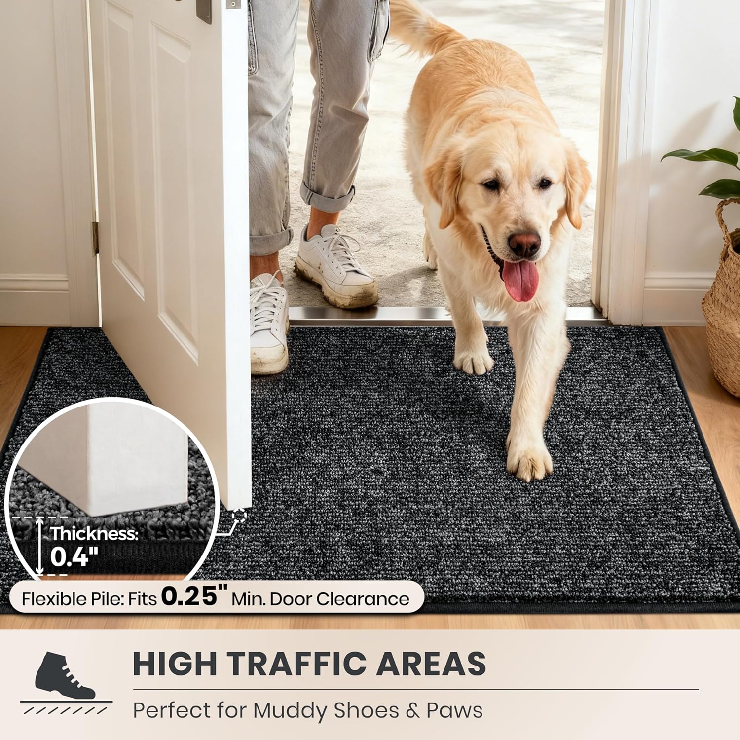PURRUGS Dirt Trapping Door Mat 20" x 31.5", Non-Slip Machine Washable Entry Rug, Entrance Mat, Indoor Front Door Mat, Super Absorbent Entryway Rug for Muddy Shoes & Paws, Heathered Charcoal