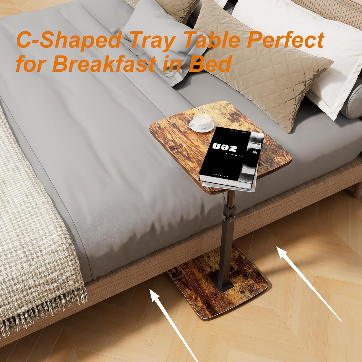 TV Tray Table for Small Spaces with 360° Swivel Tabletop & Height Adjustable,C Shaped Sofa Arm End Side Table, Bed Tray Stand for Eating Laptop,Living Room, Bedroom,Breakfast (Wood Base)