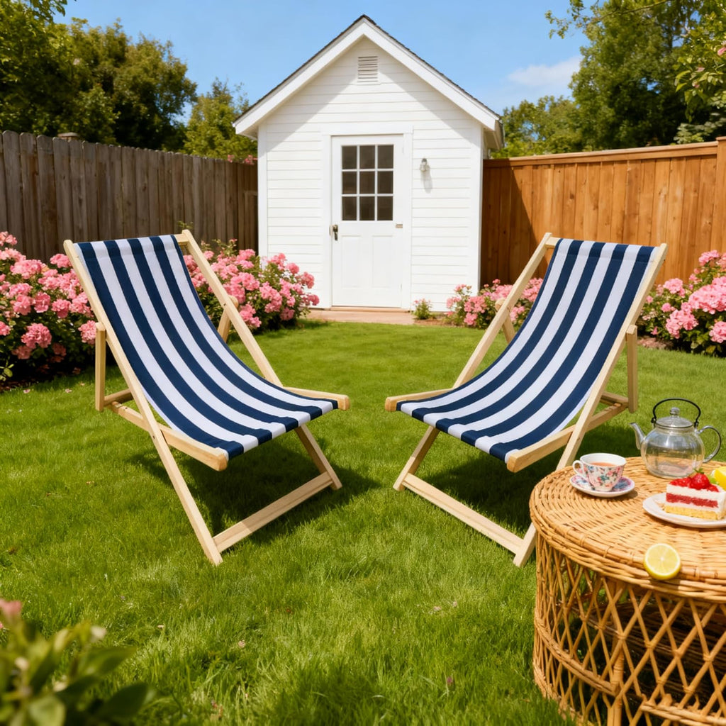 2-Piece Populus Wood Sling Chair, Blue Stripe (Dark Blue), Folding Chaise Lounge Chair