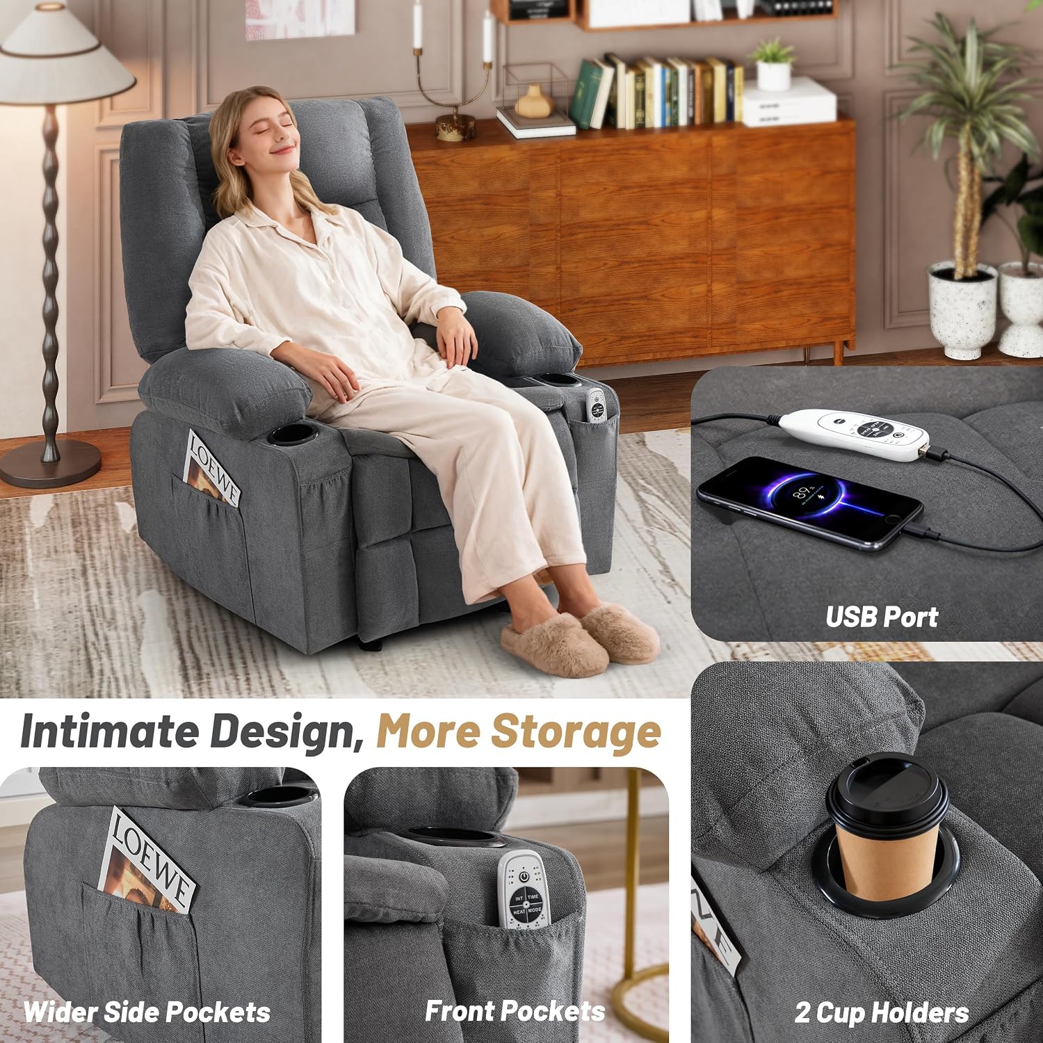 Rocker Recliner Chair with Massage and Heat, Nursery Rocking Chairs for Living Room, Ergonomic Comfy Relining Chair with Cup Holders, USB Charge Port, Side Pockets, Comfortable Arms, Grey