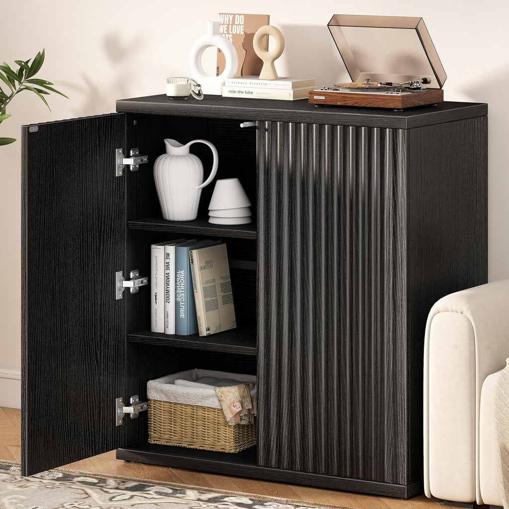 Fluted Sideboard Buffet Cabinet with Storage, Wood Sideboard Cabinet with Doors, Small Credenza Buffets & Sideboards for Kitchen, Accent Cabinets for Entryway Living Room Hallway Home, Black