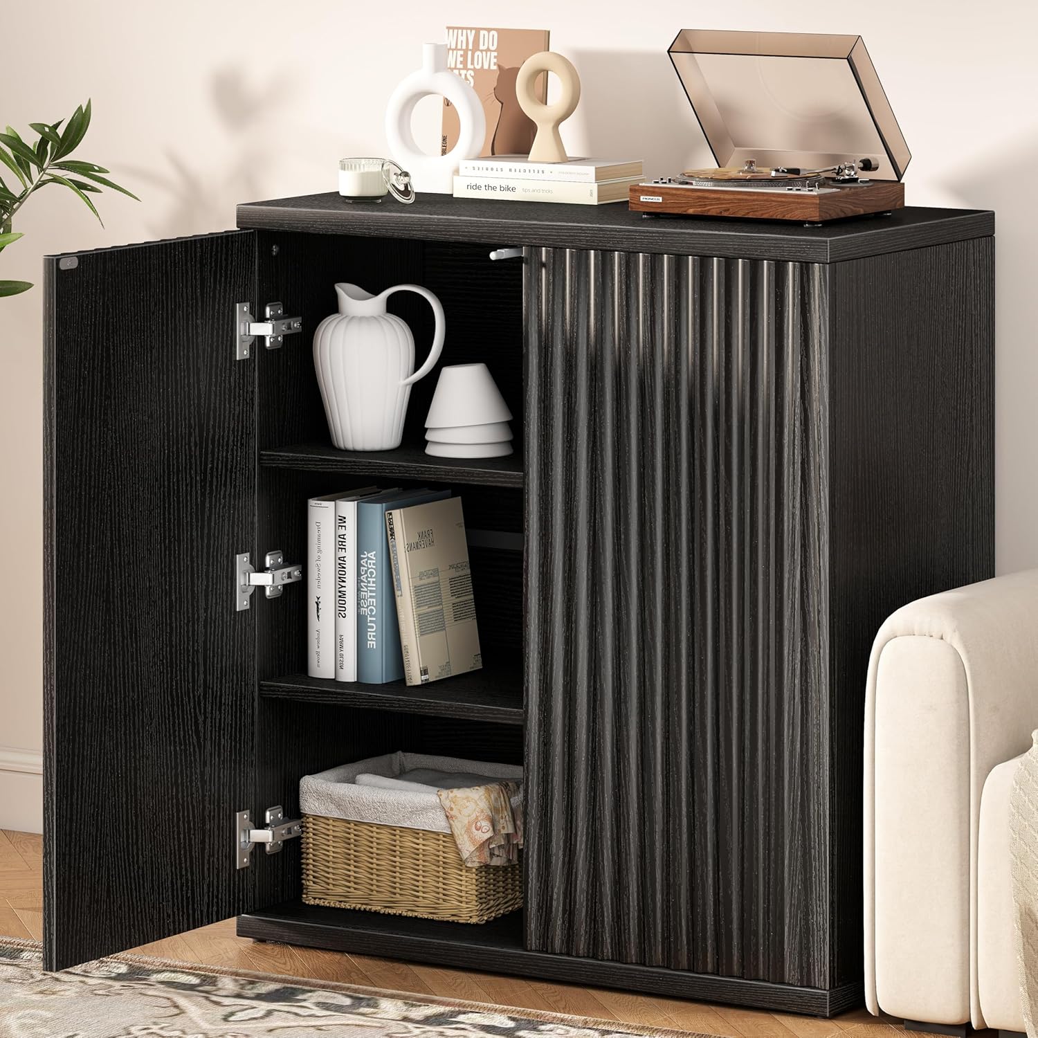 Fluted Sideboard Buffet Cabinet with Storage, Wood Sideboard Cabinet with Doors, Small Credenza Buffets & Sideboards for Kitchen, Accent Cabinets for Entryway Living Room Hallway Home, Black