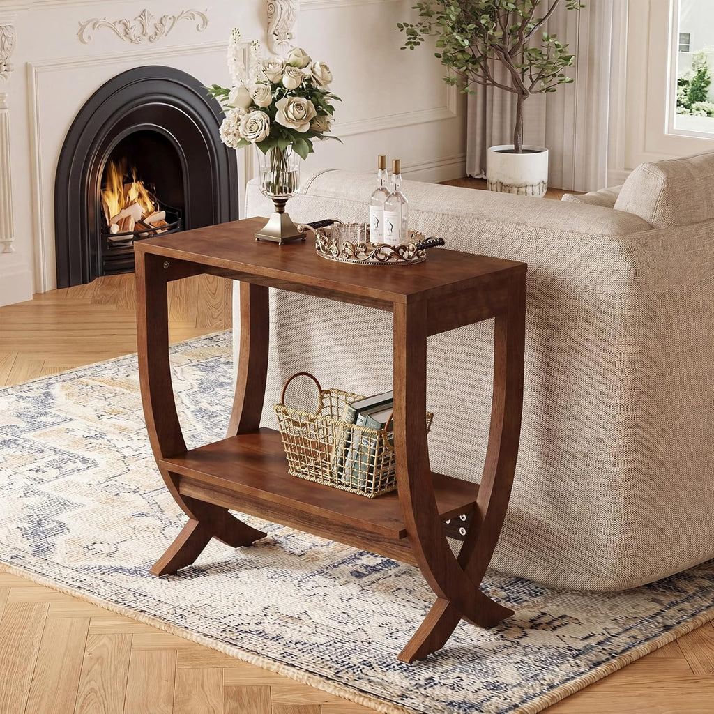 Solid End Table, 2-Tier Couch Side Table with Arched Legs for Small Space, Living Room, Easy Assembly, Rustic Walnut