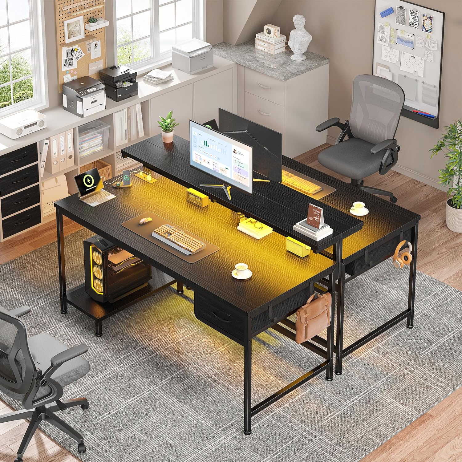 DurayLoly 39.3" Gaming Desk with Power Outlet and LED Lights,Computer Desk with Adjutable Monitor Stand and Drawer,Office Desk with CPU Stand for Home Work,Study and Gaming, Small Spaces,Black