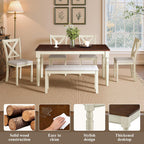 LUXOAK 60" Solid Wood Dining Table Set for 6, Farmhouse Kitchen Table with 4 Upholstered Chairs & Bench, 6-Piece Dining Room & Living Room Furniture, Cream White