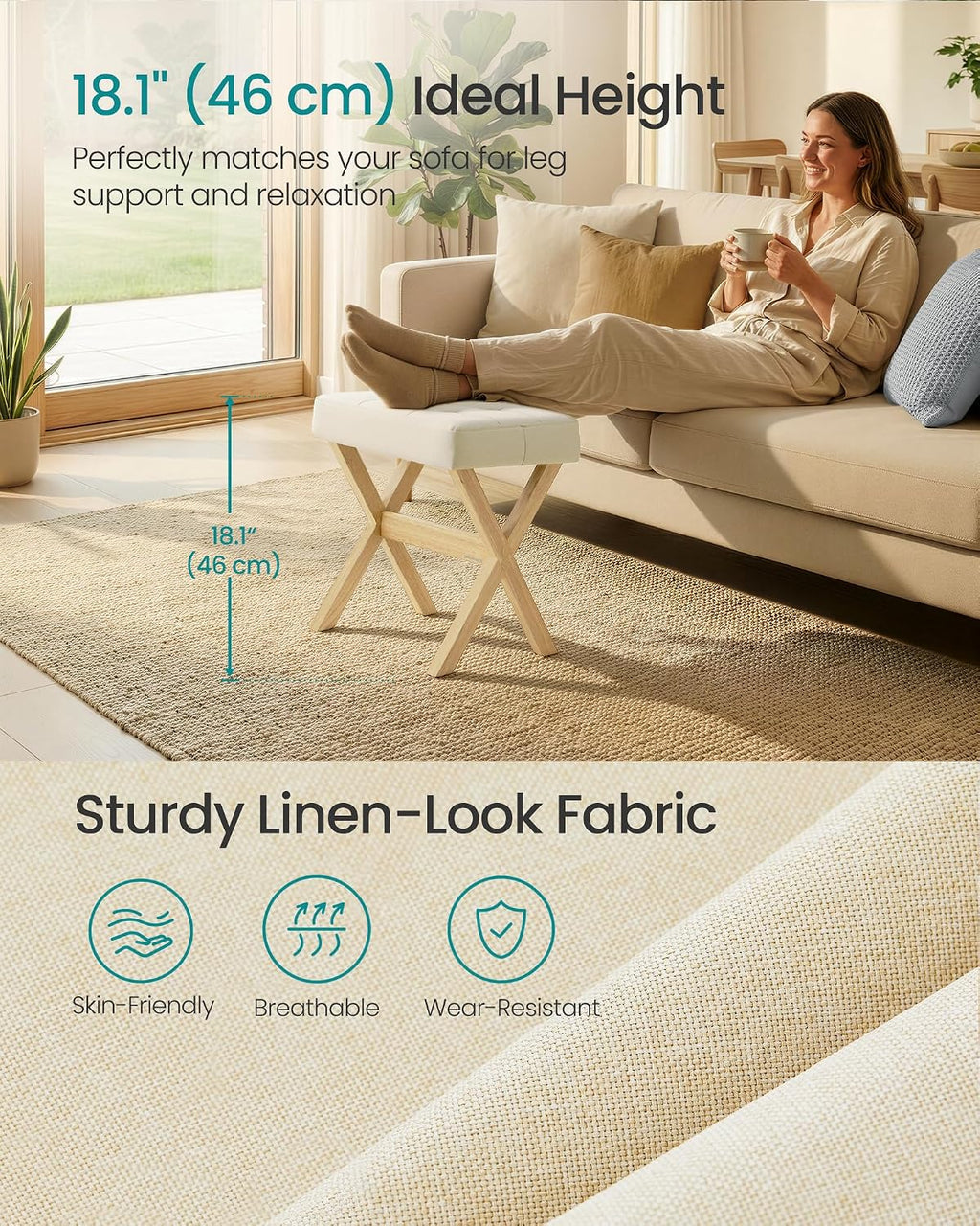 SONGMICS Makeup Stool, Padded Vanity Stool, Foot Rest, Solid Wood X Legs, for Bedroom, Closet, Entryway, 12.6 x 16.5 x 18.1 Inches, Summer Sand and Natural Beige ULSF006LF02