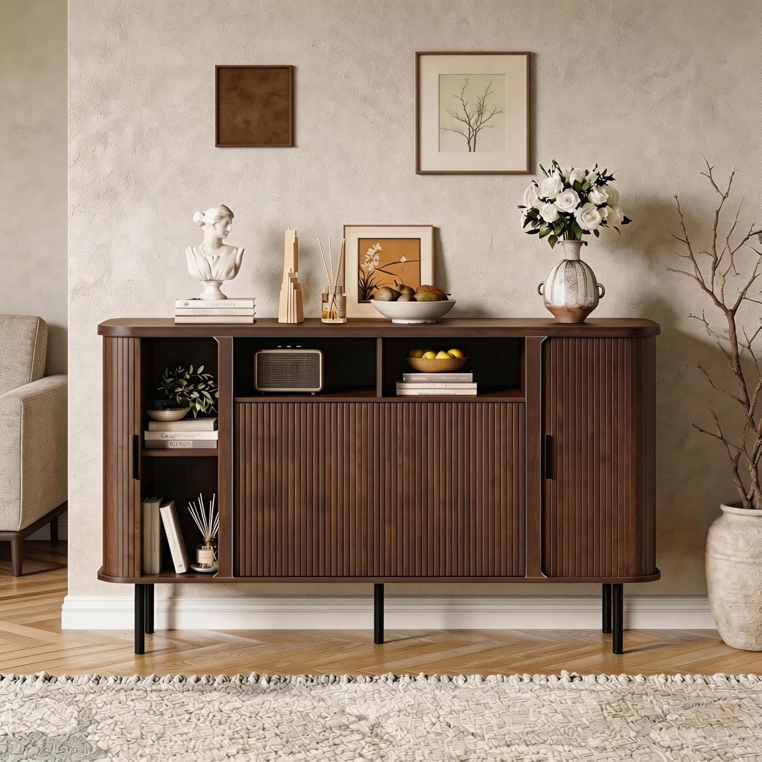 55'' Fluted Cabinet with Storage, Walnut Buffet Cabinet Sideboard with Sliding Door & Adjustable Shelves, Mid Century Coffee Bar, Curved Edge Design Storage Cabinet for Kitchen, Living Room, Entry