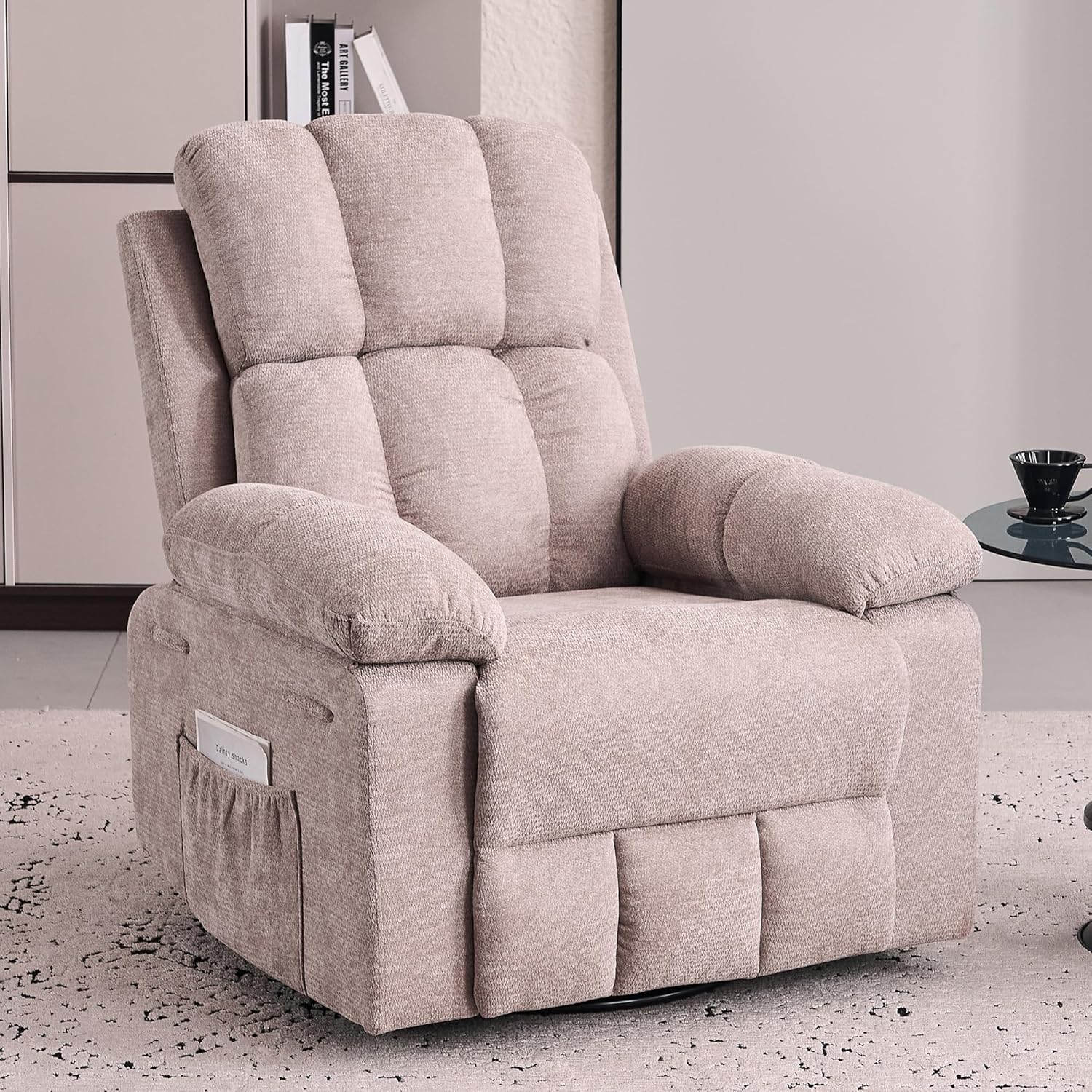 Recliner Chair for Adults, 360°Swivel Rocker Chair for Living Room, Upholstered Manual Recliner with Chenille Fabric, Nursery Rocking Chair for Bedroom, Apartment (Khaki)