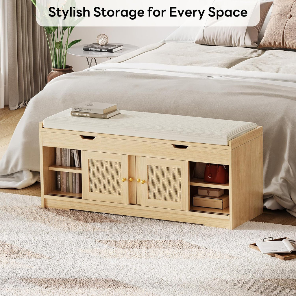 LIKIMIO 47.2" Shoe Bench with Lift Top Storage, Entryway Bench with Cushioned Seat, 2-Tier Rattan Shoe Cabinet with Adjustable Shelf, Storage Bench for Bedroom, Living Room, Hallway, Natural