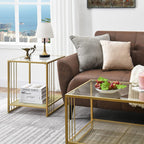 18 Inch Square Tempered Glass Gold End Table with 2-Tier Storage Shelf, Modern Gold Metal Frame Sofa Side Table Clear Glass Accent Table for Living Room Bedroom Small Spaces
