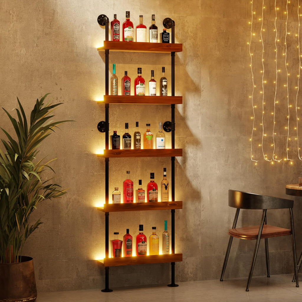 Industrial Bar Shelves, Wine Rack Wall Mounted, Walnut, 24 Inch | solid pinewood, industrial iron pipe, 5 tier, 30 lbs per shelf, with LED light, for kitchen, bar, cellar