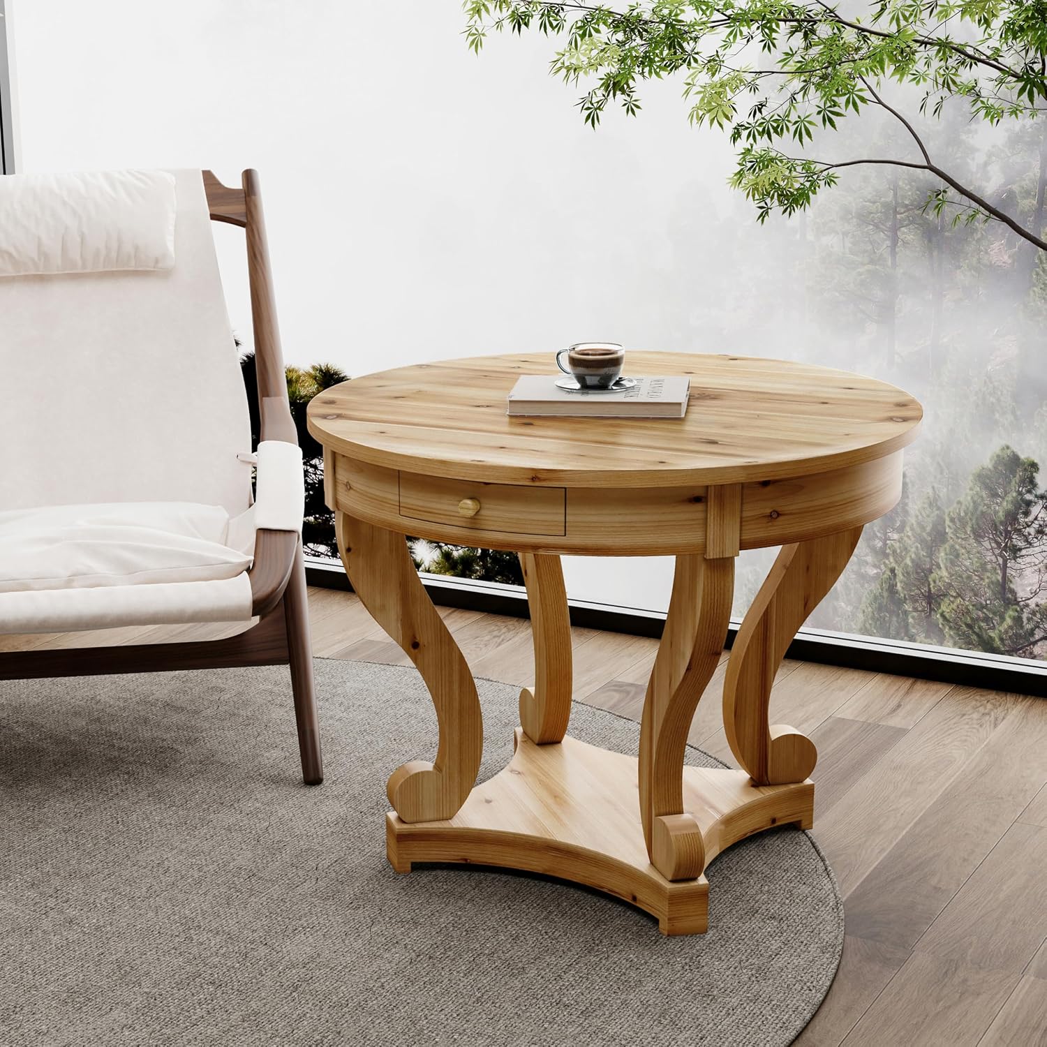 Curved Legs Farmhouse Style Round Dining Table with Storage Drawers - Natural Wood Finish, Multi-Functional End Table/Coffee Table for Small Spaces, Kitchen, Living Room, or Dinerette