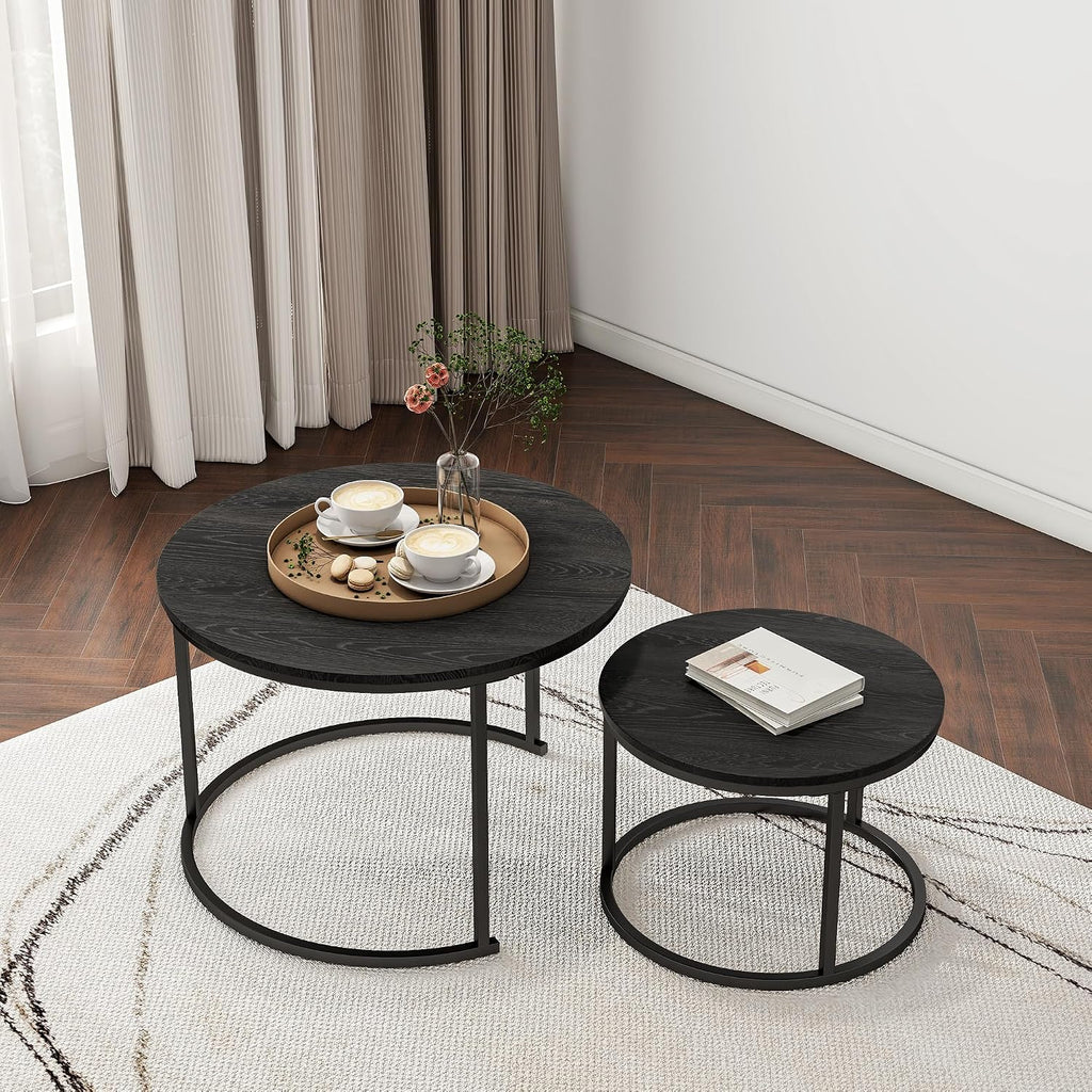 HOJINLINERO Round Coffee Table,Nesting Coffee Table Set of 2,Center Tables for Living Room,Office, Home Small Space,Stacking Side Tables,Sturdy and Easy Assembly,Wood Desktop,Black,Large