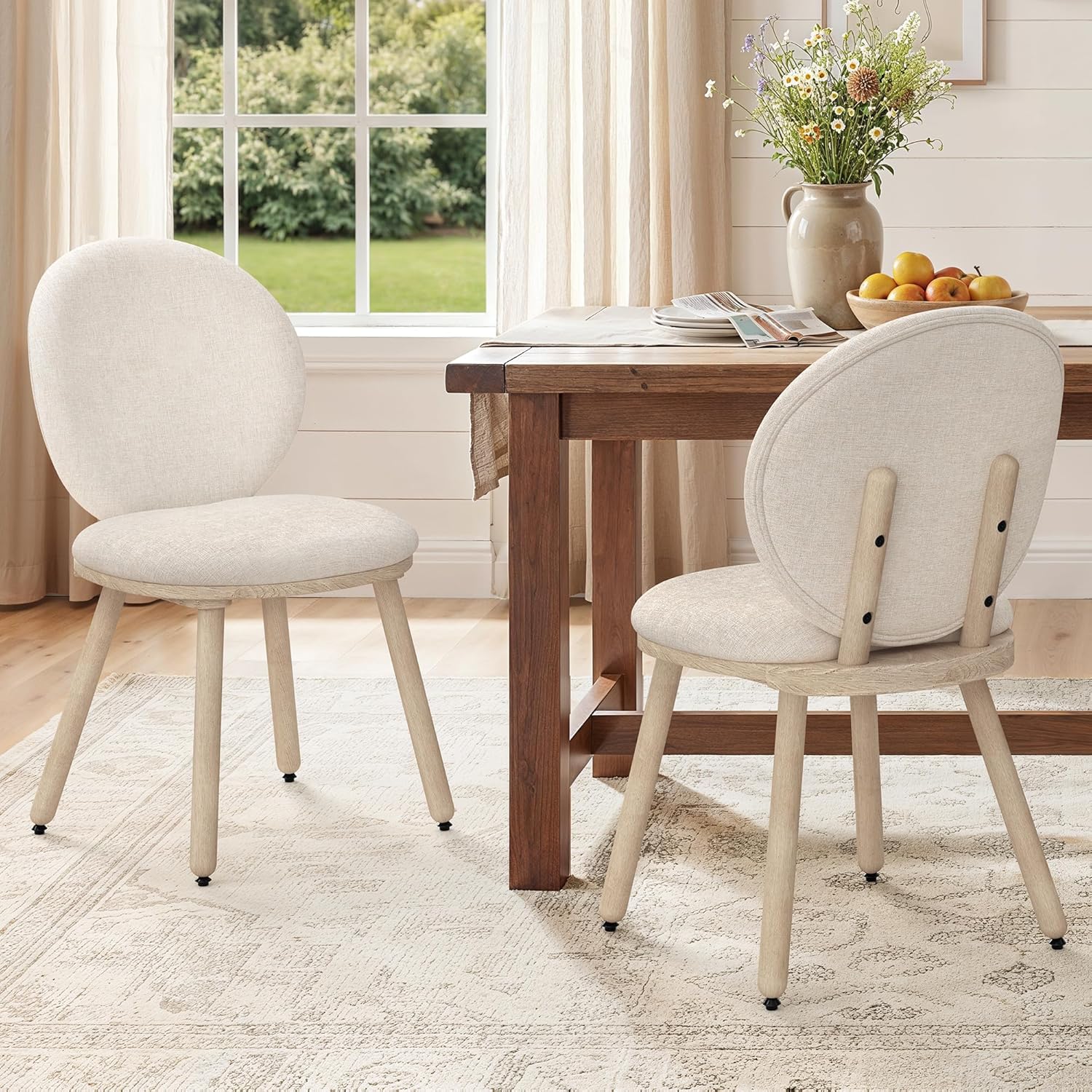 LUE BONA Dining Chairs Set of 4, Upholstered Fabric Kitchen Chairs with Dual-Spine Backrest, Kitchen Chair with Solid Wood Legs and Ergonomic Curved Seat, Easy Assembly for Kitchen Dining Room, Linen