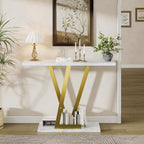 43.3" Gold Console Table, Modern Entryway Table with White Faux Marble Top & Metal Base, Narrow Sofa Table for Living Room, Hallway, Foyer