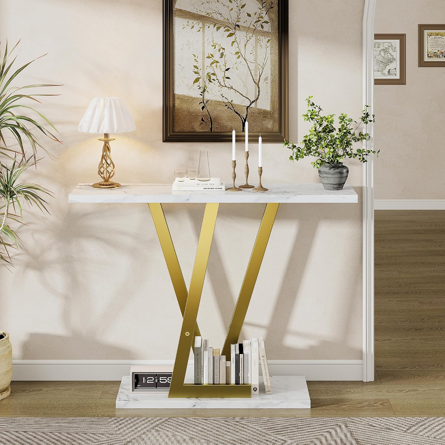 43.3" Gold Console Table, Modern Entryway Table with White Faux Marble Top & Metal Base, Narrow Sofa Table for Living Room, Hallway, Foyer