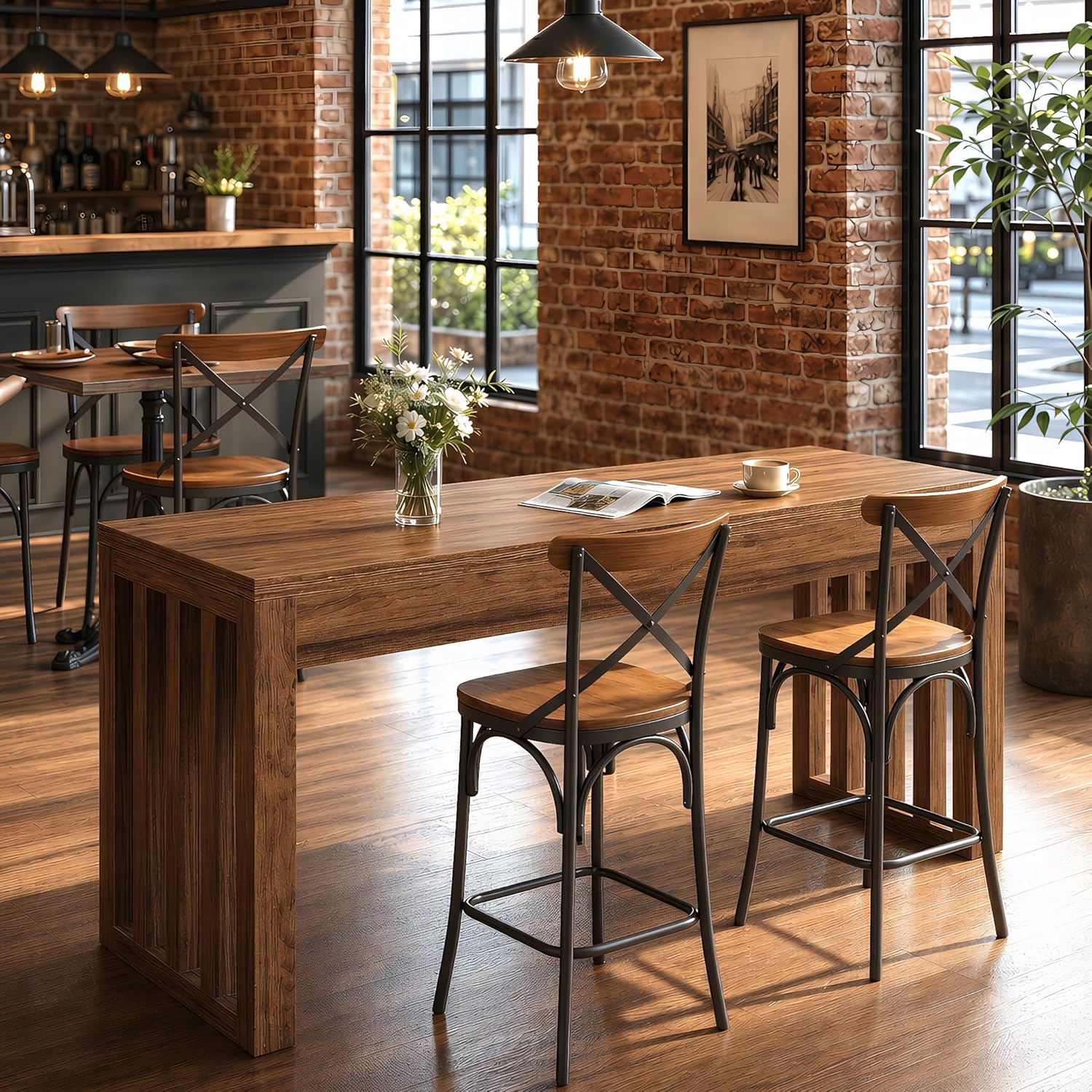 Tribesigns 63" Bar Table, Farmhouse Counter Height Pub Table for 4, Rectangular High Top Home Bar for Kitchen, Dining Room & Small Spaces, Rustic Brown