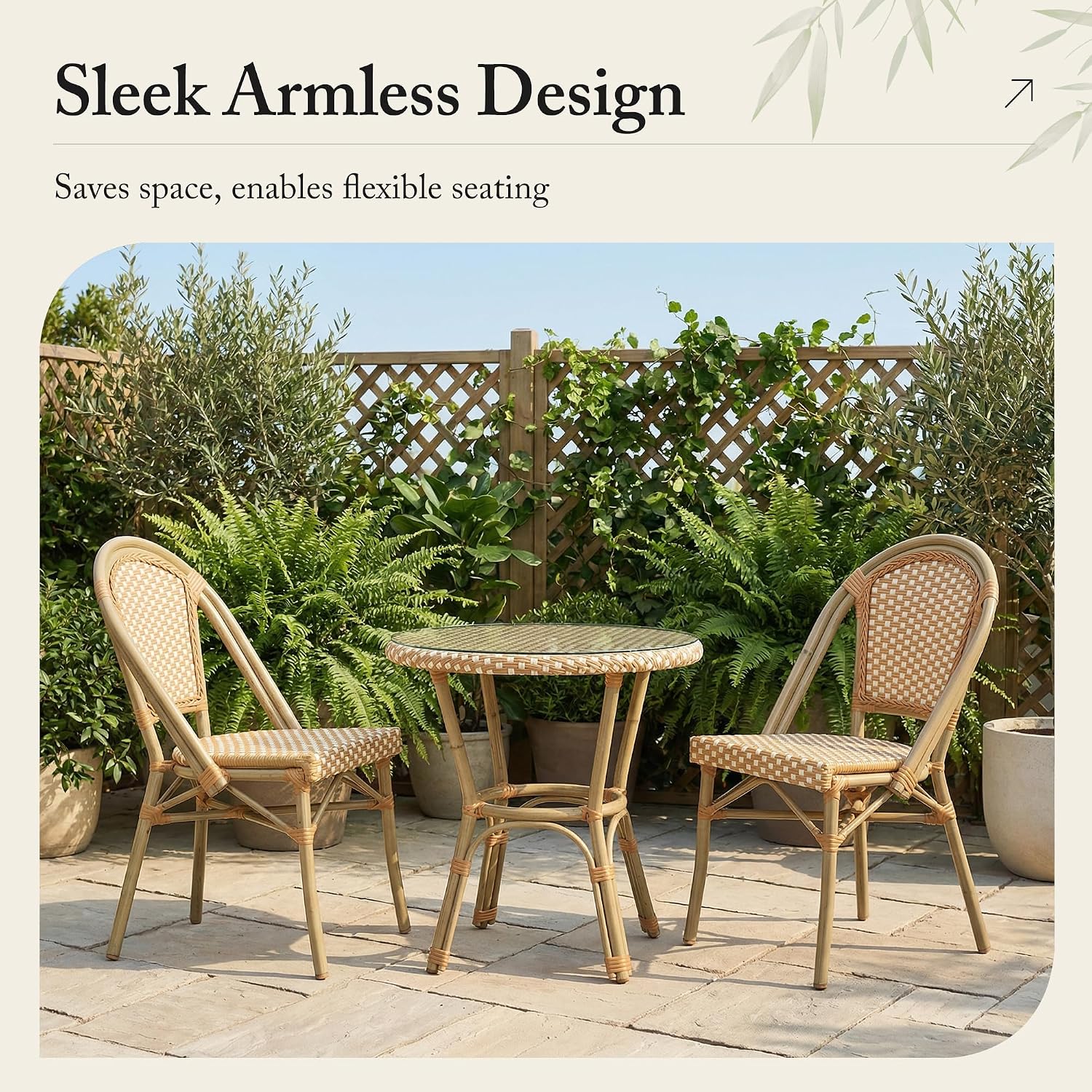 PURPLE LEAF Outdoor Dining Chair Set of 4 Patio French Aluminium Frame in Champagne Finish with Amber & White Woven Rattan for Indoor Kitchen Deck Bistros Cafe Restaurant