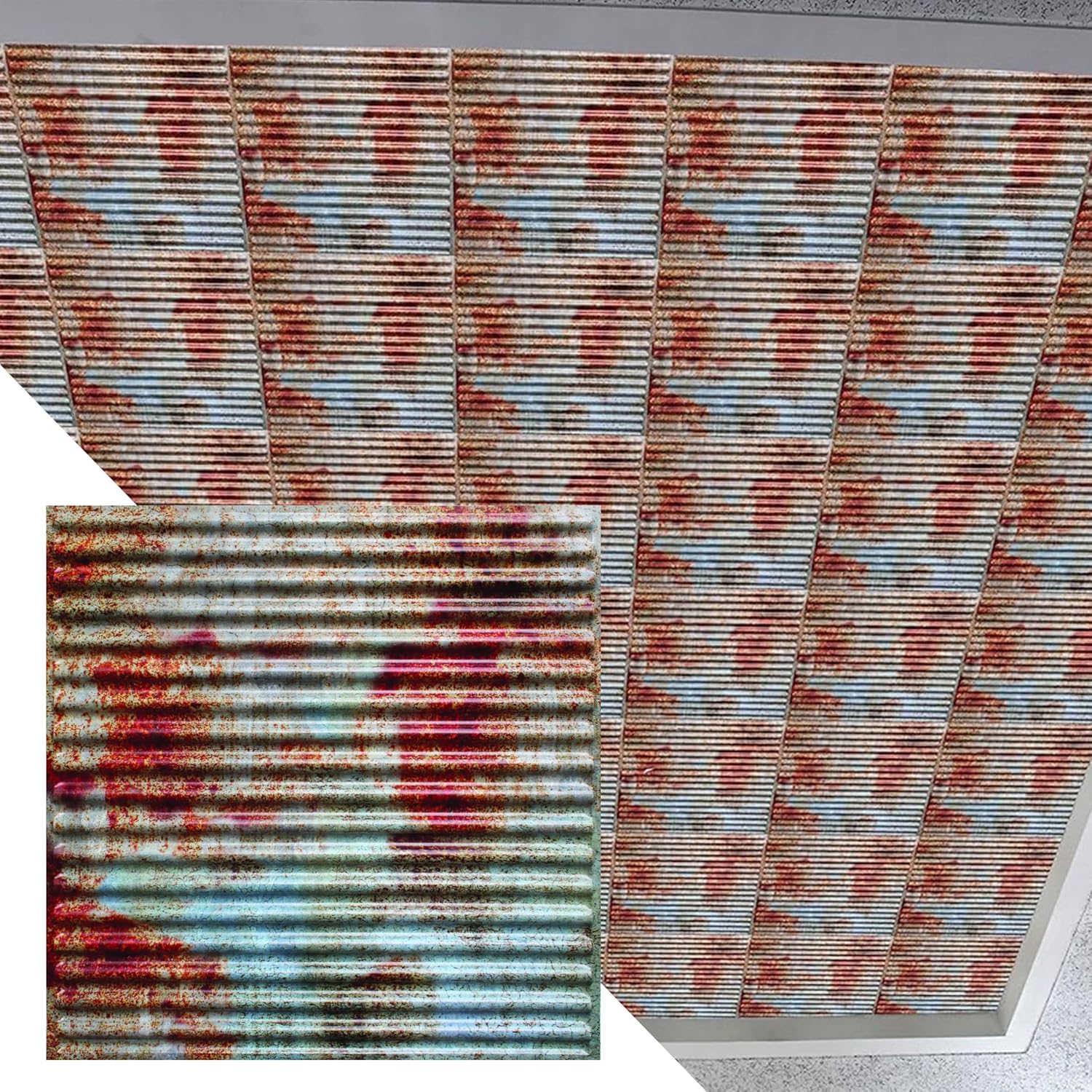 Dundee Deco Rusty Corrugated Old Tin Roof Lay in, PVC 3D Decorative Ceiling Panel, 2 ft X 2 ft (60cm X 60cm), 4 sq ft (0.37 sq m) Each