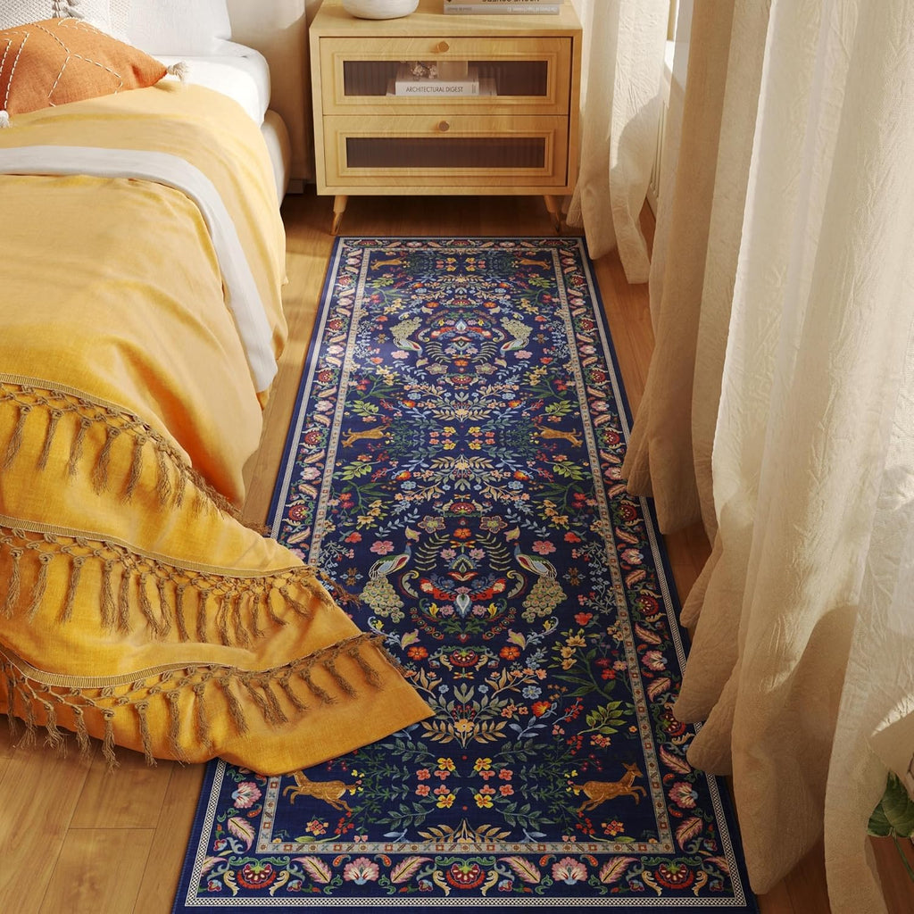 Rugcomf Runner Rug Washable Kitchen Runner 2'6''x8' Runner Rug for Entryway Indoor Floral Non-Slip Soft Carpet Runner for Hallways, Kitchen, Laundry, Bedroom, Bathroom(Blue)