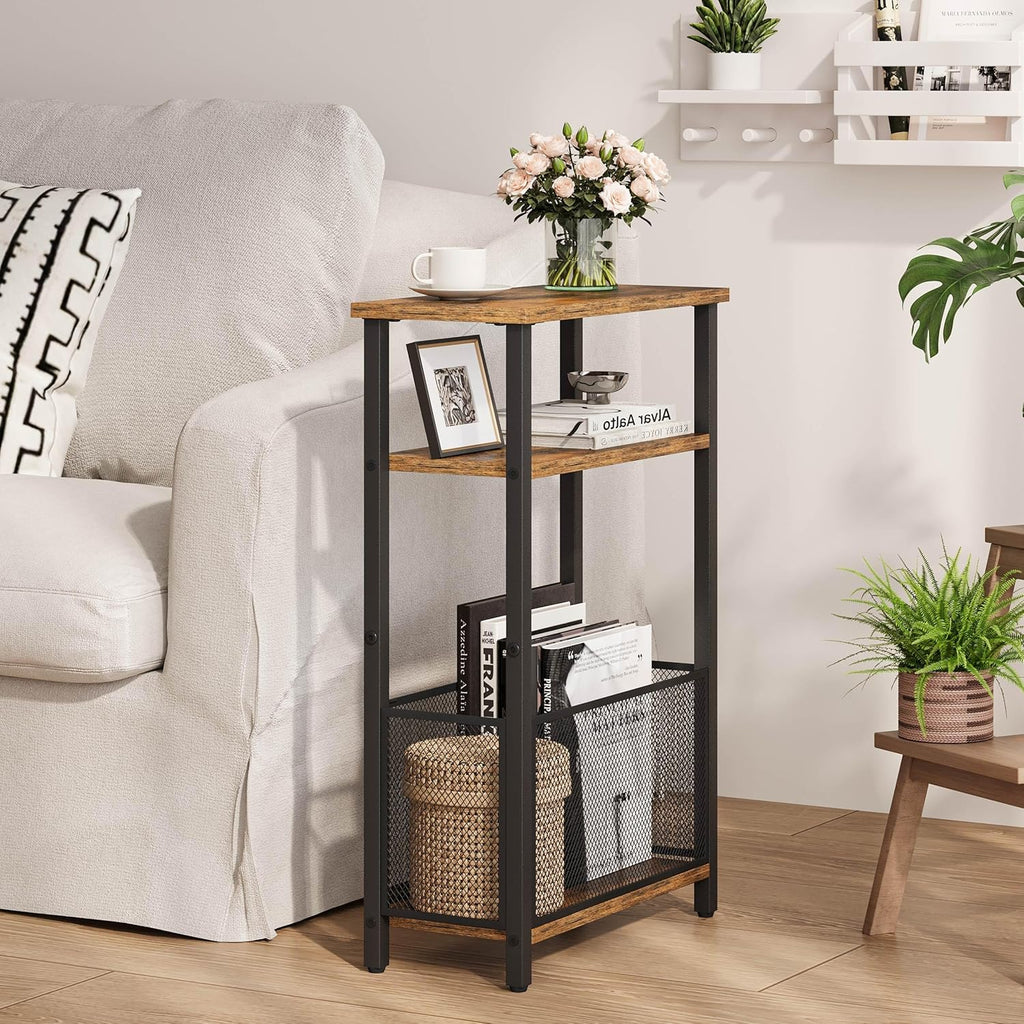 MMEOLUOOK Narrow Side Table with Storage Basket Skinny End Tables for Smalls Spaces 3 Tier Sofa Table Small Nightstand Slim Bedside Table for Living Room Bedroom Rustic Brown MLBZ22RB