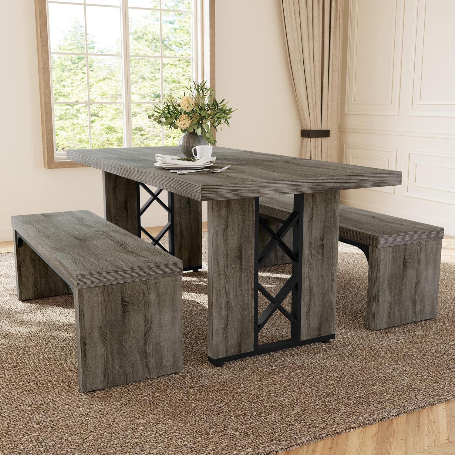 HIPIHOM 3-Piece Dining Table Set for 6 People, 70.8'' Rectangle Kitchen Table with 2 Benches for Breakfast Nook, Dining Room Furniture(Grey Table+2 Benches)