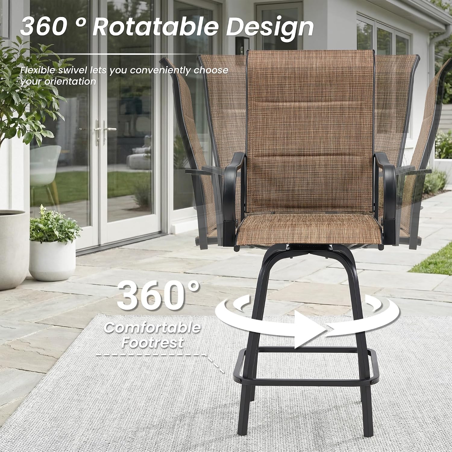 HOMREST Outdoor Swivel Bar Stools Set of 2, High Patio Swivel Bar Chairs with Padded Back & Seat, All-Weather Textilene Tall Patio Chair with Curved Armrest & Metal Footrest for Outside,Dark Brown