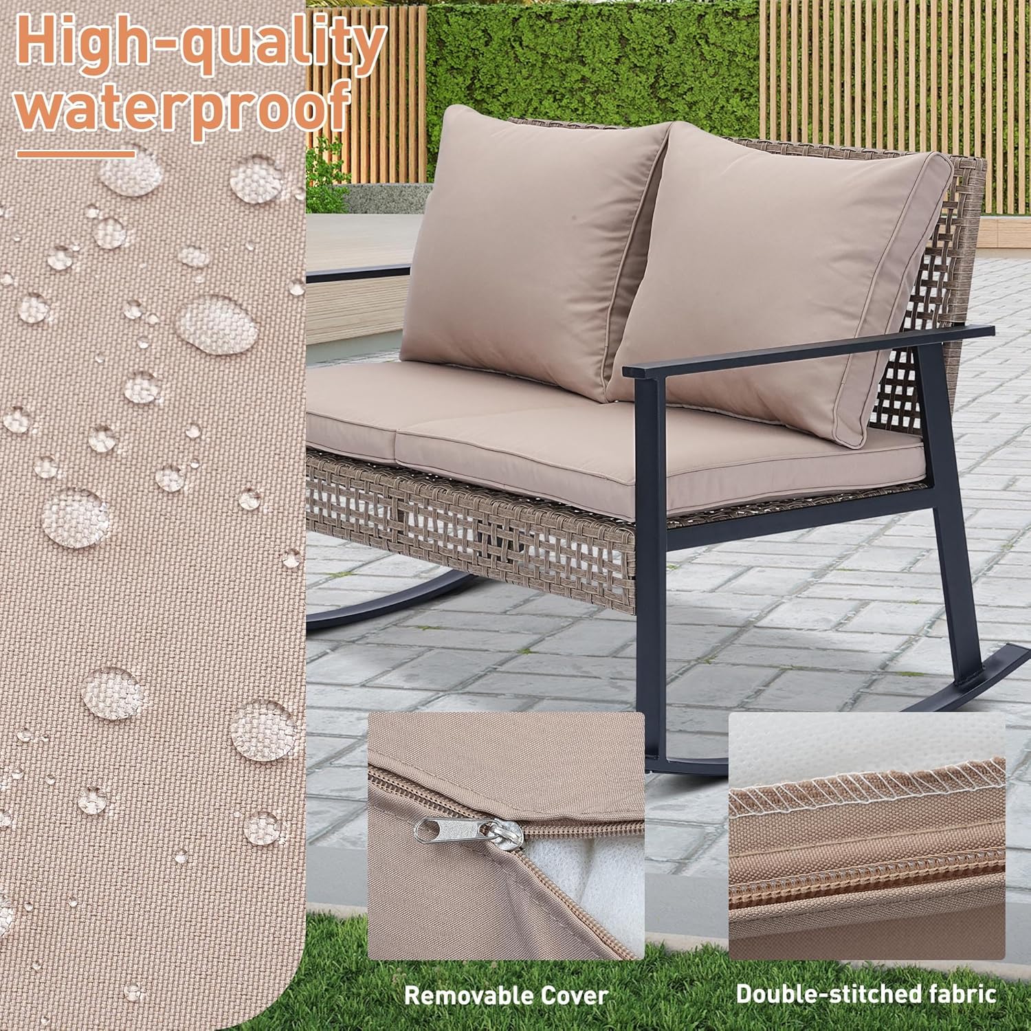GDY Outdoor Wicker Loveseat Rocking Chair, Patio Outdoor Furniture Conversation Sets, Rattan Rocker Chair with Cushions, Modern Cozy Rocking Wicker Furniture for Garden, Porch, Poolside & Deck, Khaki.