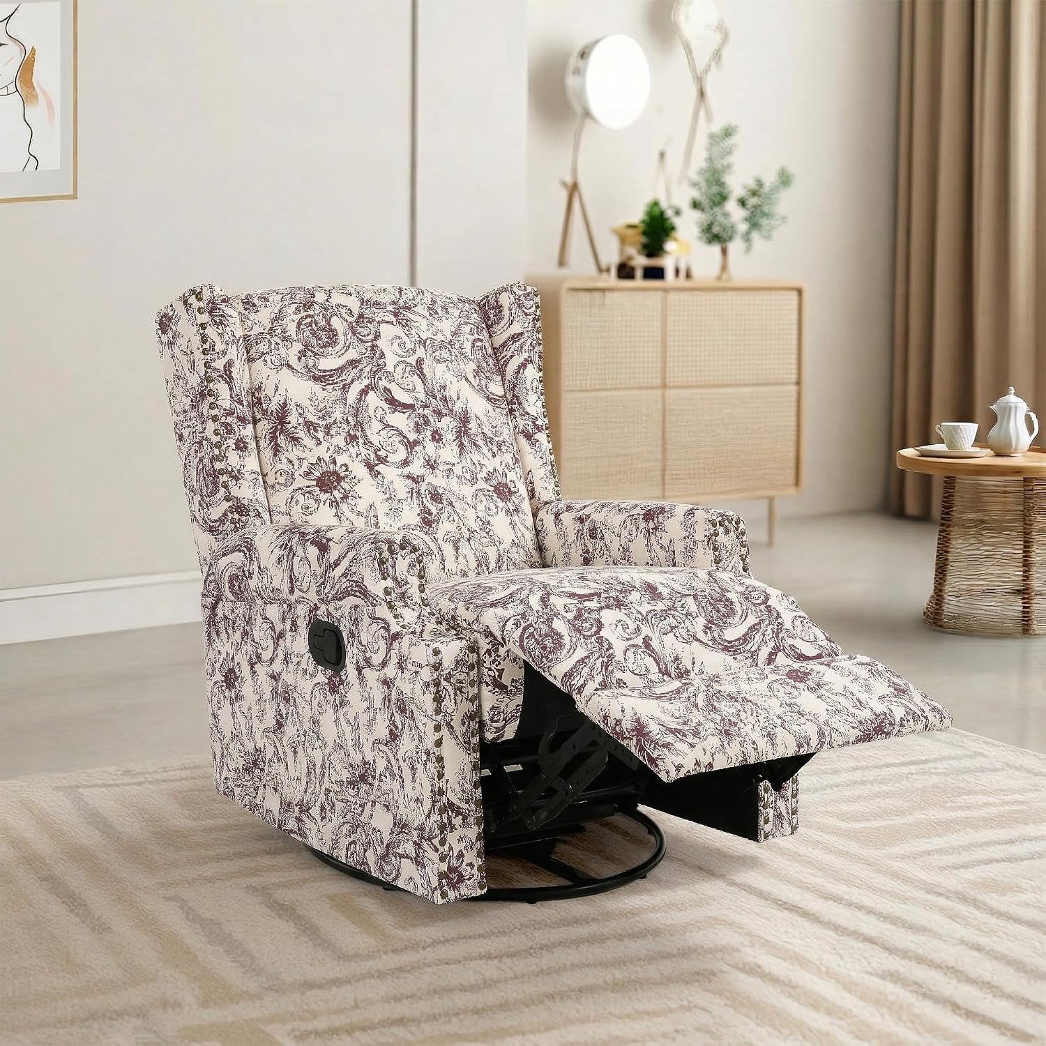Swivel Rocker Recliner Chair, 360° Swivel Wingback Recliner Chairs for Adults, Upholstered Glider Rocking Chair with High Back, Deep Seat for Living Romm Bedroom, Rococo Plum