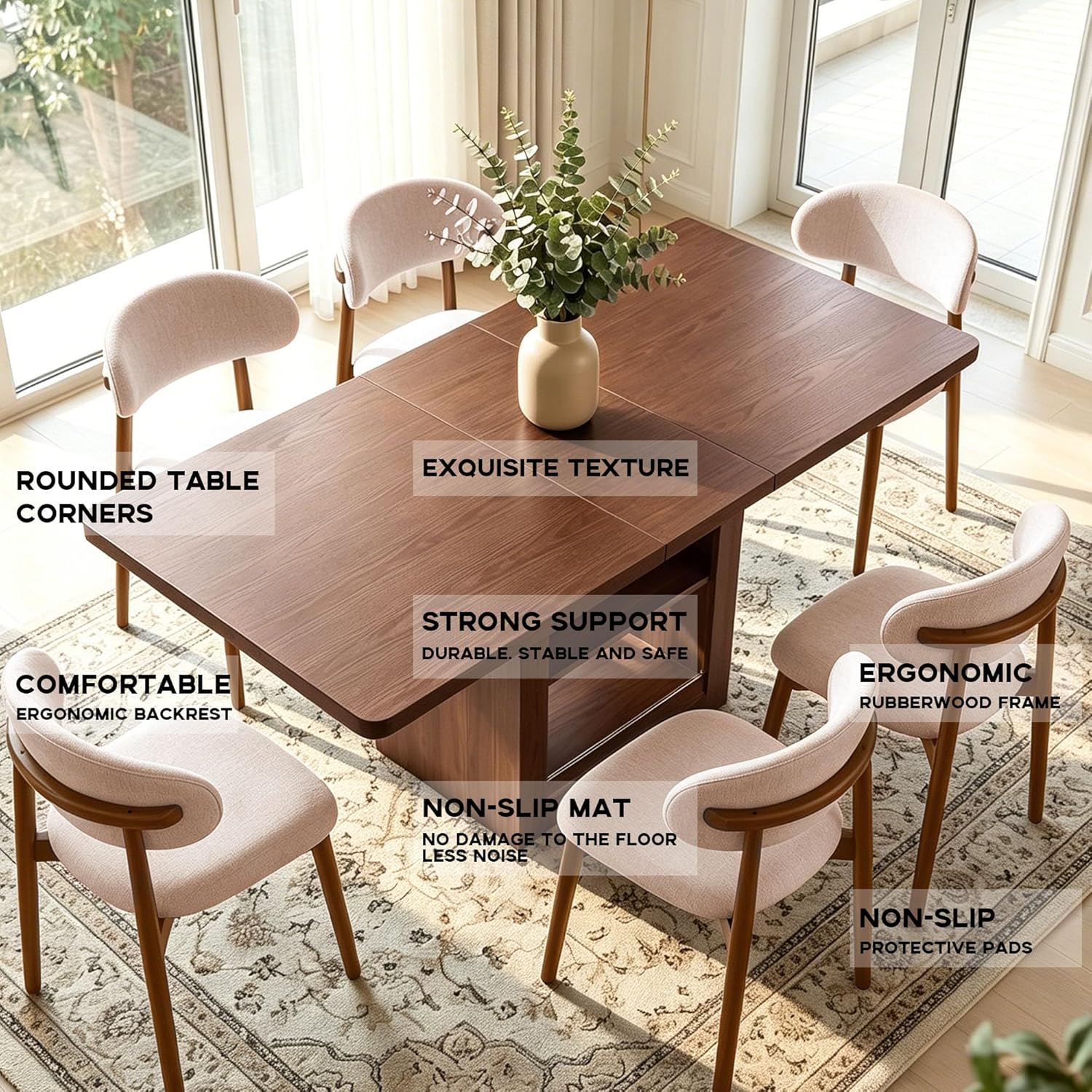 Extendable Dining Table Set for 6, Modern 7-Piece Kitchen Table and Chairs with Storage Shelves, 59" to 71" Adjustable, Space-Saving Rectangular Dining table Set, for Kitchen, Living Room & Office