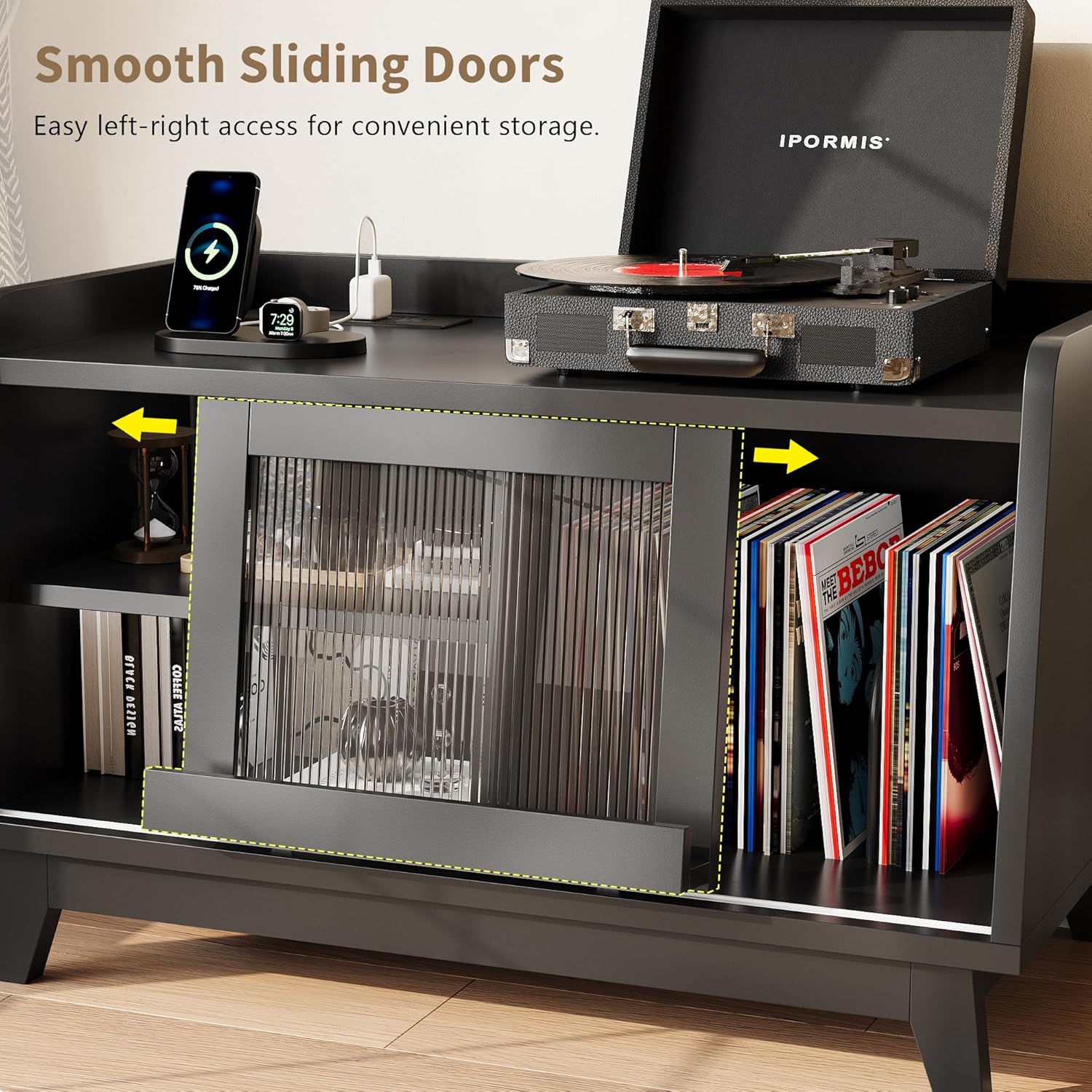 iPormis Record Player Stand with Vinyl Storage Up to 200 Albums, Record Player Table with Sliding Doors, Charging Station, Adjustable Shelf, Turntable Stand with Record Storage for Living Room, Black