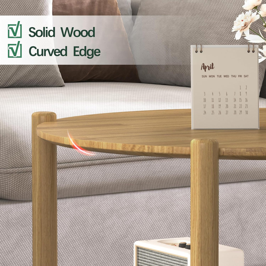Solid Wood Round Side Table, Farmhouse Nightstand for Living Room, 2-Tier Bedside Table with Storage, Living Room End Table with Woven Rattan Storage Shelf, Natural