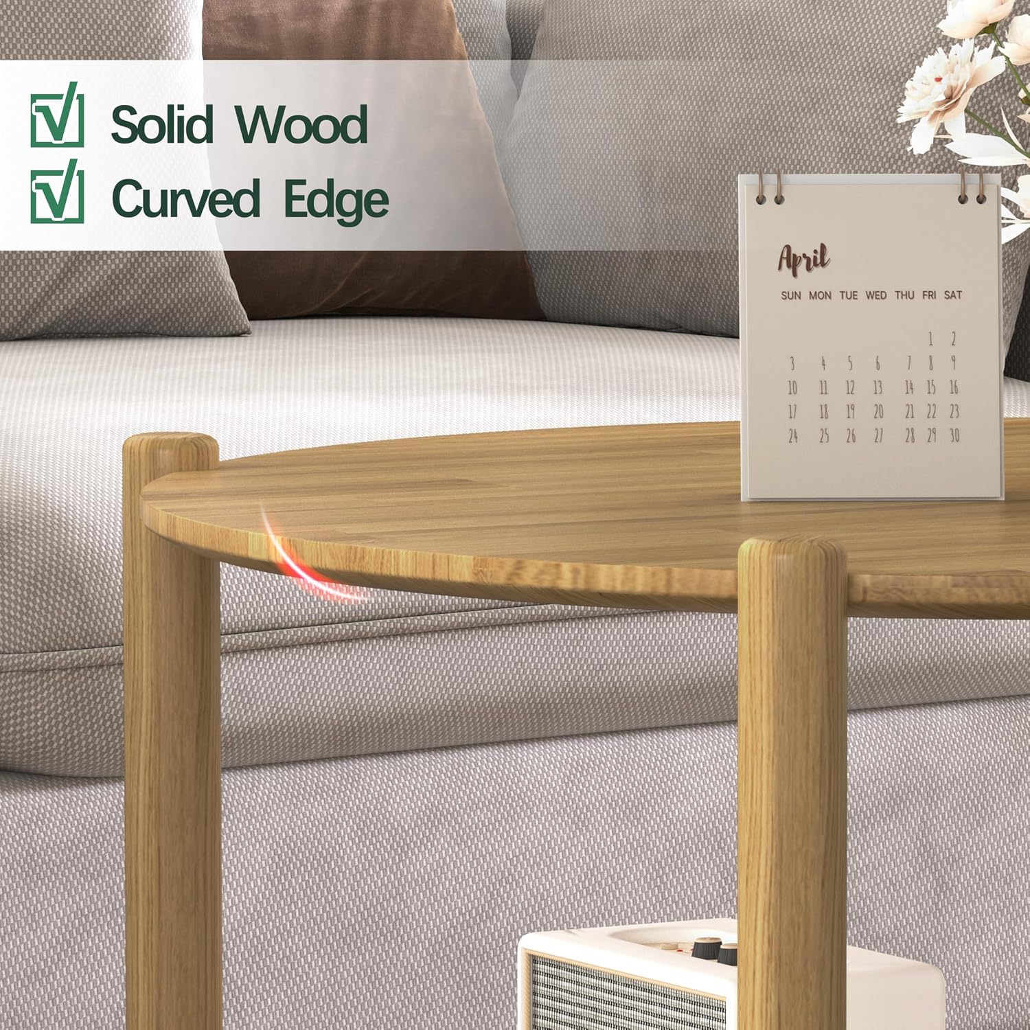Solid Wood Round Side Table, Farmhouse Nightstand for Living Room, 2-Tier Bedside Table with Storage, Living Room End Table with Woven Rattan Storage Shelf, Natural