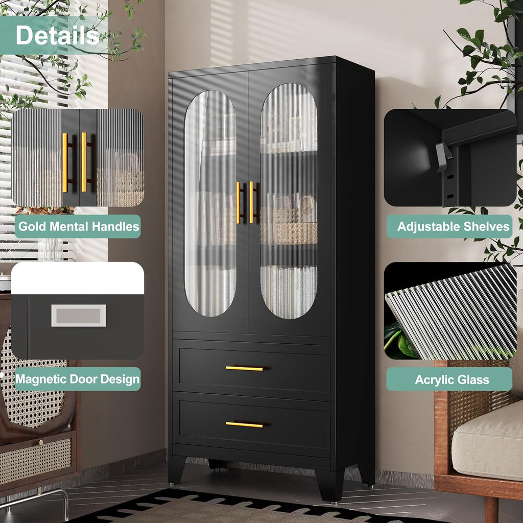 winiowa 61" Tall Kitchen Pantry Storage Cabinet, Black Metal Storage Cabinet with Adjustable Shelves & Glass Doors & Drawers, Food Pantry Cabinets for Kitchen, Bathroom, Dinning Room, Living Room