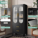 winiowa 61" Tall Kitchen Pantry Storage Cabinet, Black Metal Storage Cabinet with Adjustable Shelves & Glass Doors & Drawers, Food Pantry Cabinets for Kitchen, Bathroom, Dinning Room, Living Room