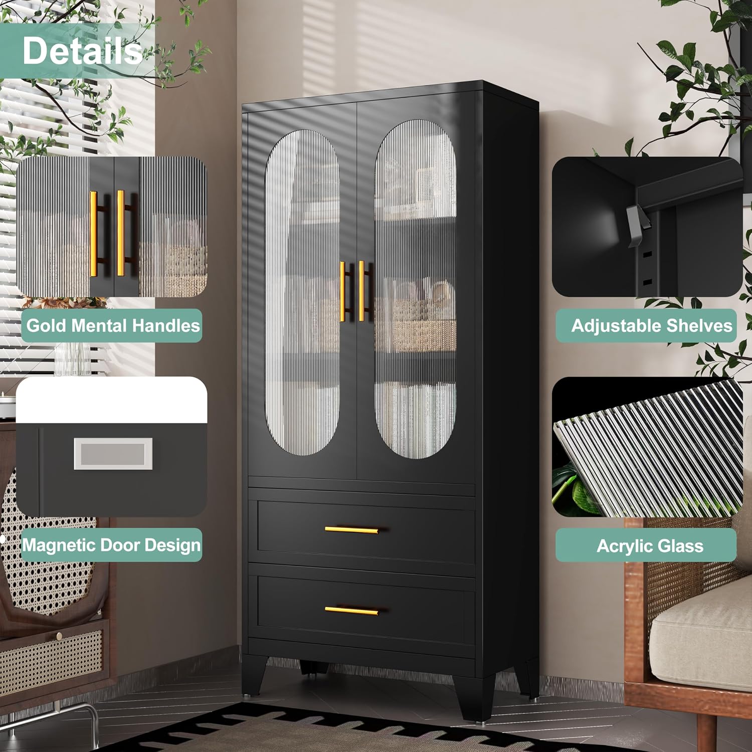 winiowa 61" Tall Kitchen Pantry Storage Cabinet, Black Metal Storage Cabinet with Adjustable Shelves & Glass Doors & Drawers, Food Pantry Cabinets for Kitchen, Bathroom, Dinning Room, Living Room