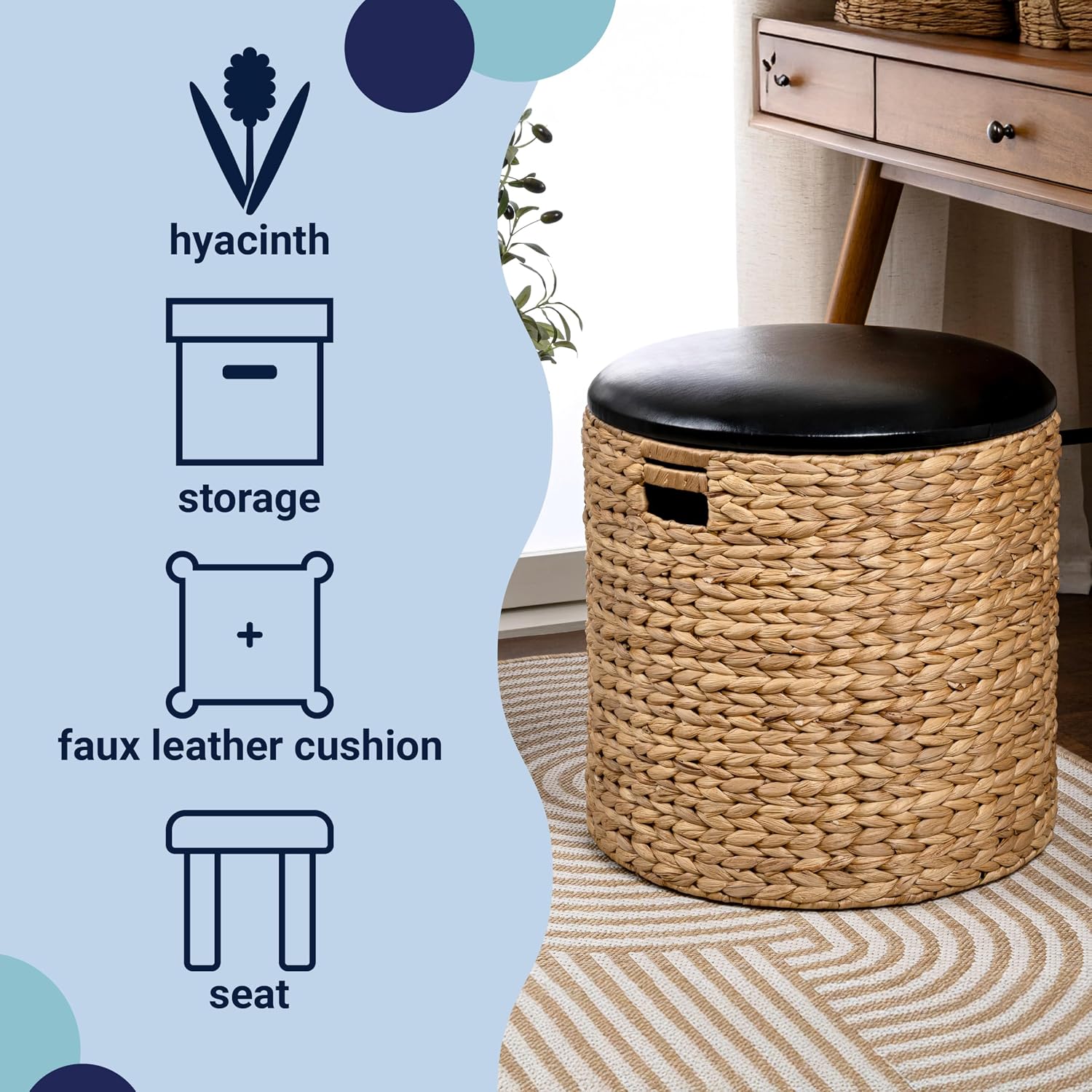 happimess SSL1003B Josie 18" Modern Coastal Hand-Woven Hyacinth Storage Ottoman with Lid, Foot Rest for Living Room, Bedroom, Entryway, Foyer, Natural/Black