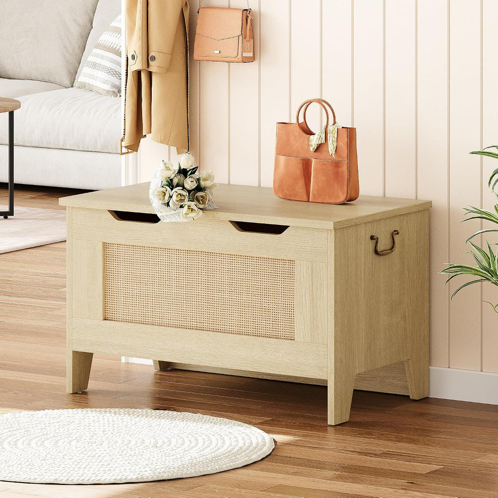 IDEALHOSUE 30” Storage Chest, Wooden Storage Bench with Safety Hinge, Retro Blanket Storage Trunk for Entryway, Living Room, Supports 350 lb, Light Oak