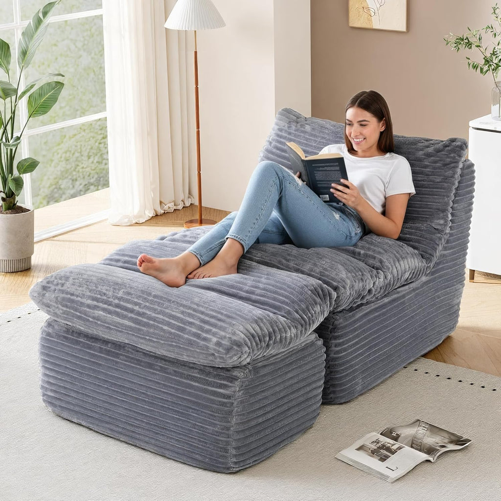 COLAMY Bean Bag Chair, Lounge Chair with Removable Ottoman for Adults, Comfy Fabric Sofa Bed Couch with Memory Foam, Backrest for Living Room, Office, Bedroom, Grey